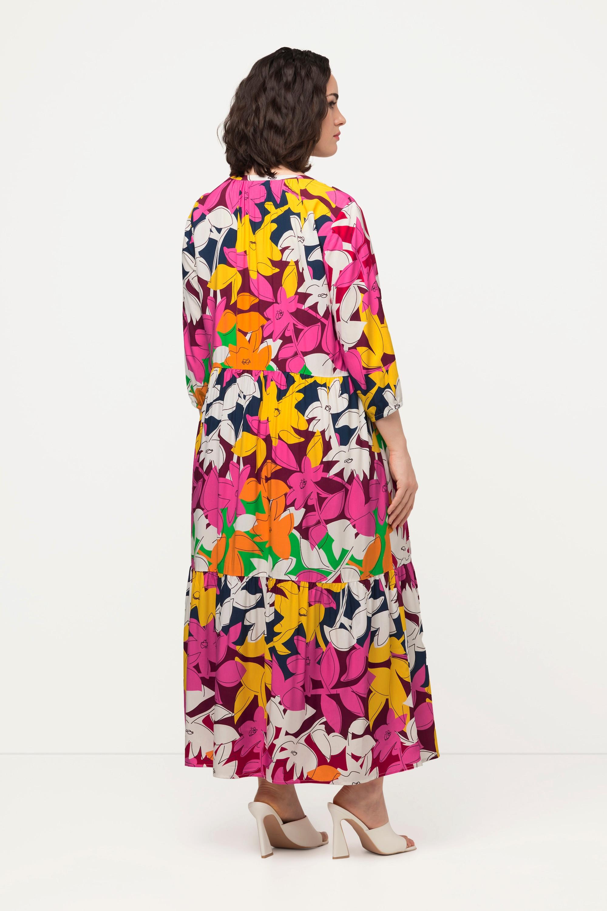 Ulla Popken Blüten A-Linie Tunika-Ausschnitt 3/4-Arm Kleid  