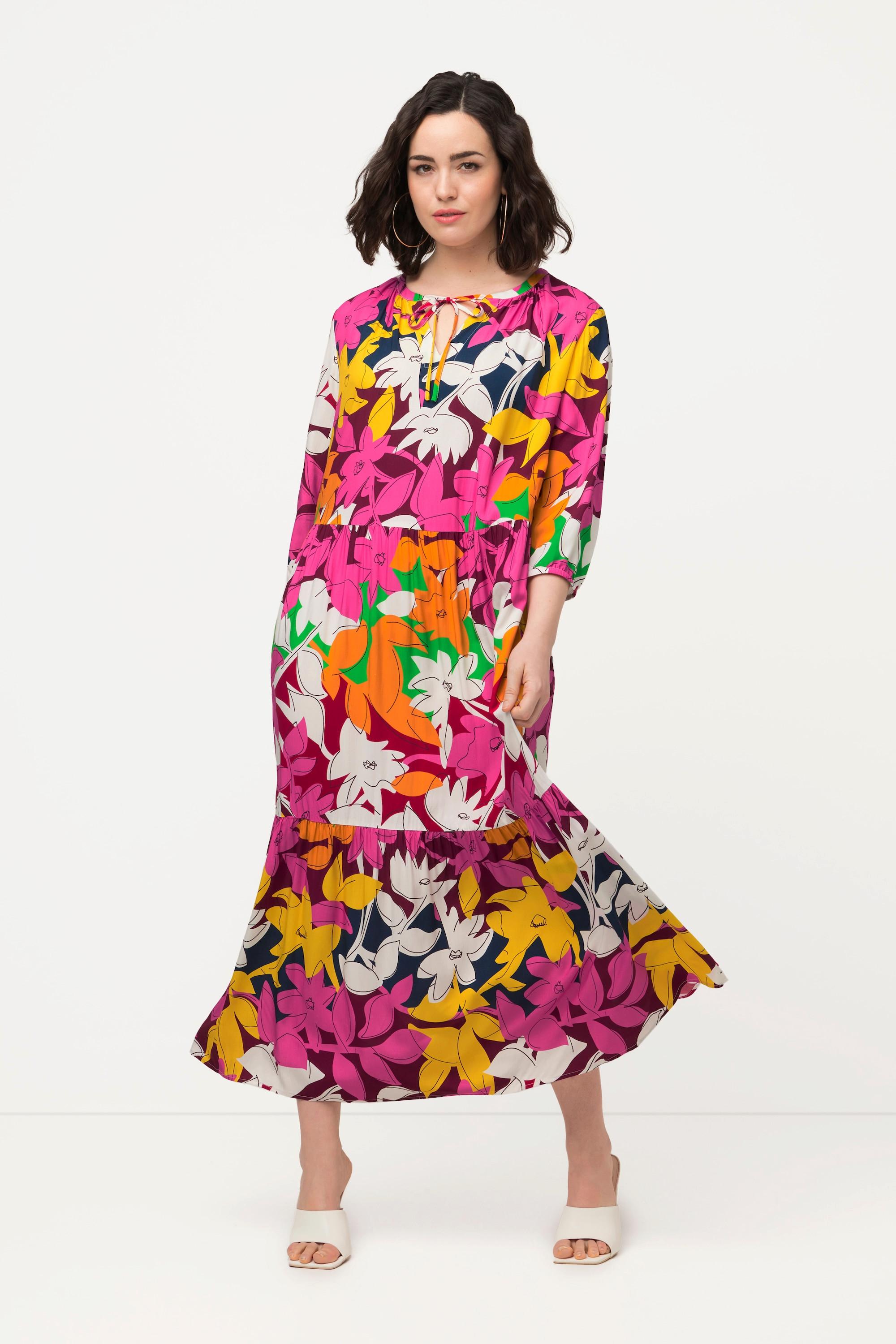 Ulla Popken Blüten A-Linie Tunika-Ausschnitt 3/4-Arm Kleid  