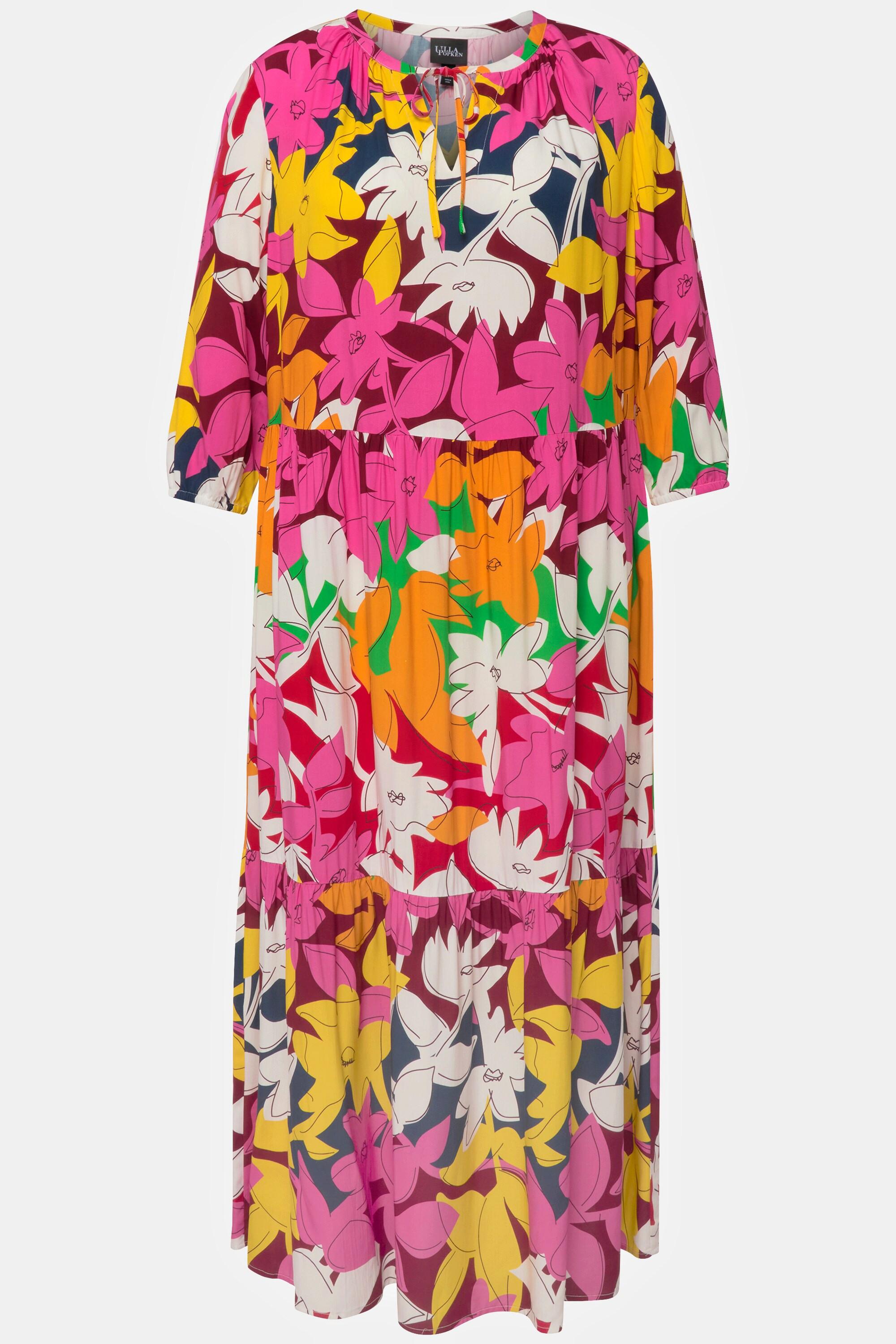 Ulla Popken Blüten A-Linie Tunika-Ausschnitt 3/4-Arm Kleid  