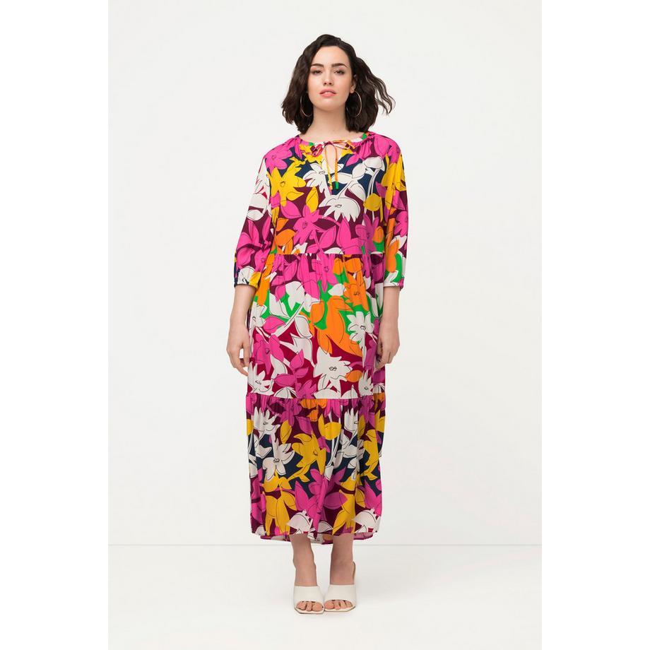 Ulla Popken Robe A-Line Col Tunique Manches 3/4 Motif Floral  