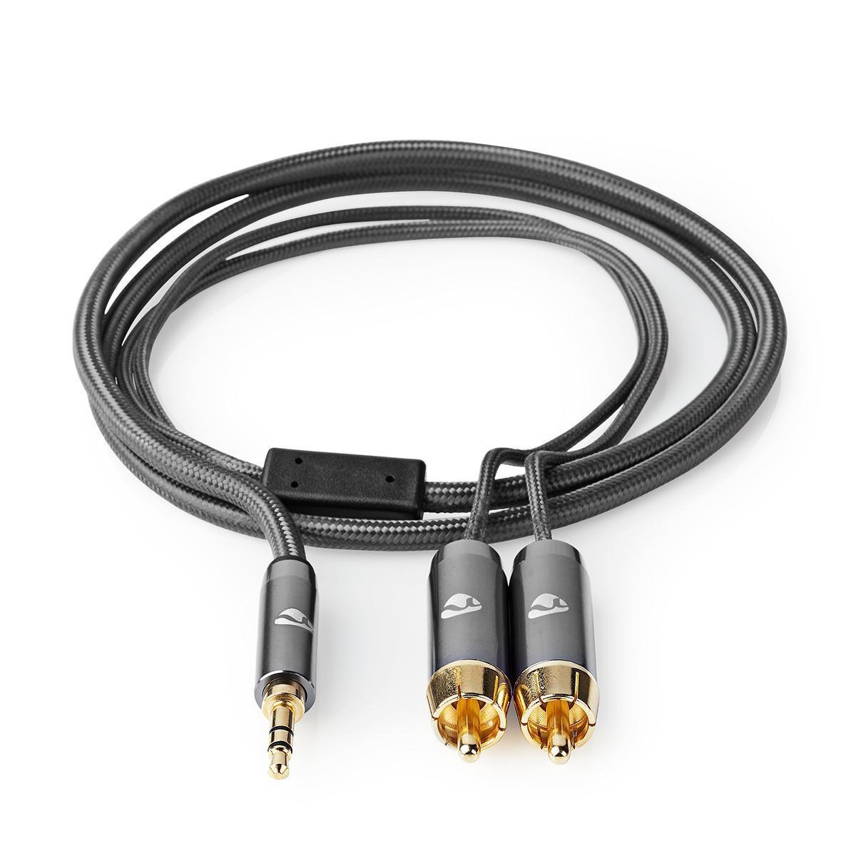 Nedis  Câble audio stéréo | 3,5 mm mâle | 2x RCA mâle | plaqué or | 5,00 m | rond | gris avec métal | boîte avec fenêtre couverte 
