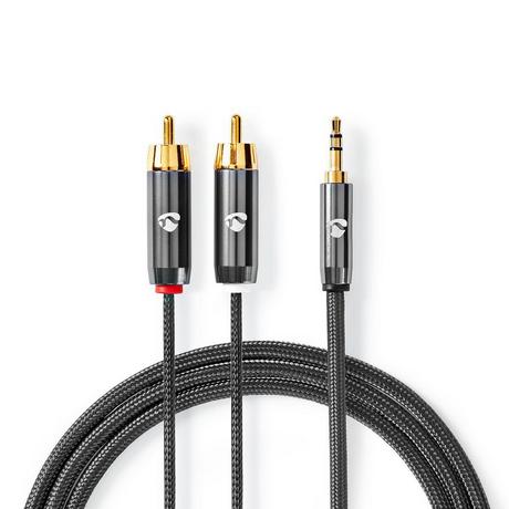 Nedis  Câble audio stéréo | 3,5 mm mâle | 2x RCA mâle | plaqué or | 5,00 m | rond | gris avec métal | boîte avec fenêtre couverte 