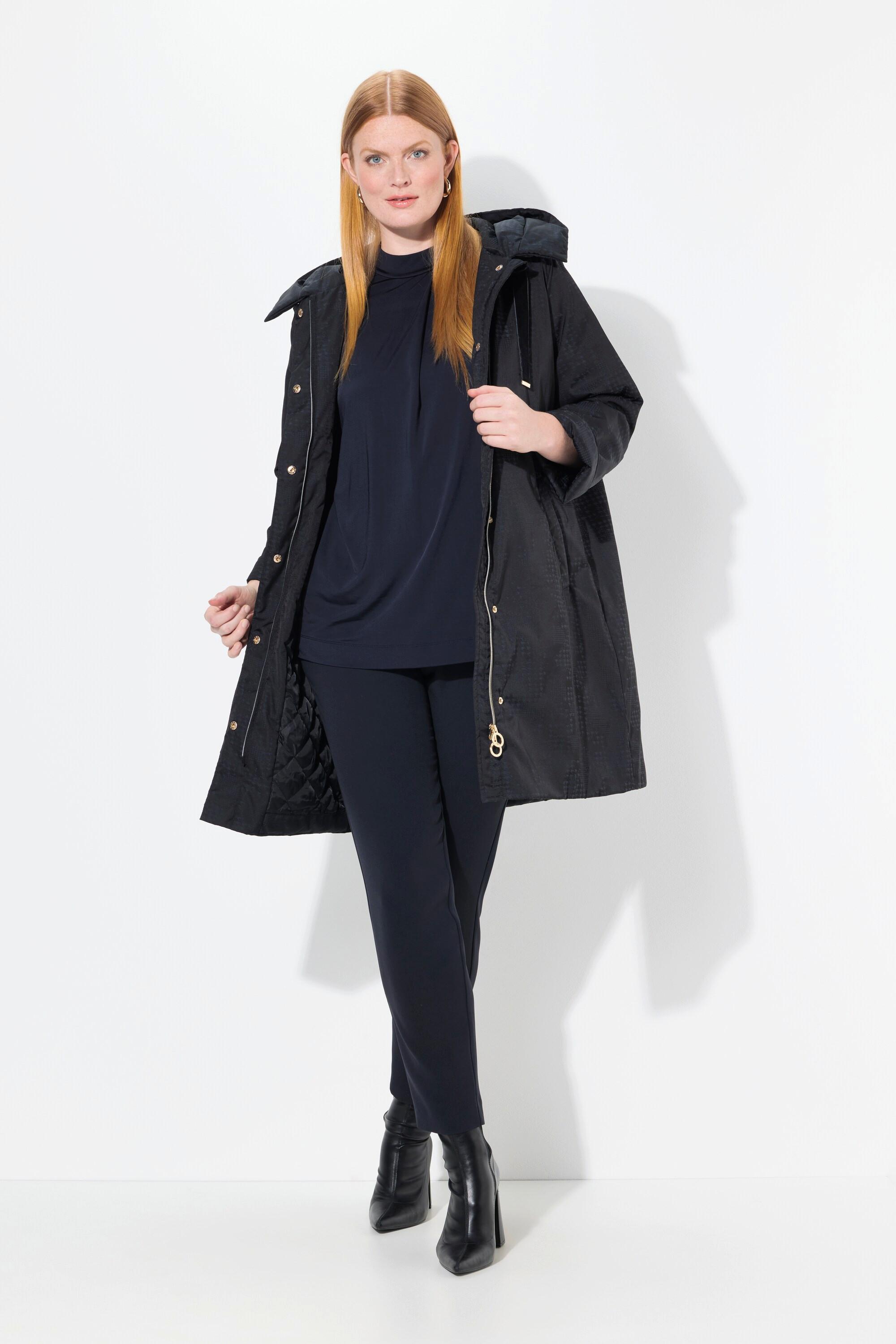 Ulla Popken Cappotto trapuntato pied-de-poule cappuccio zip a cursore doppio  