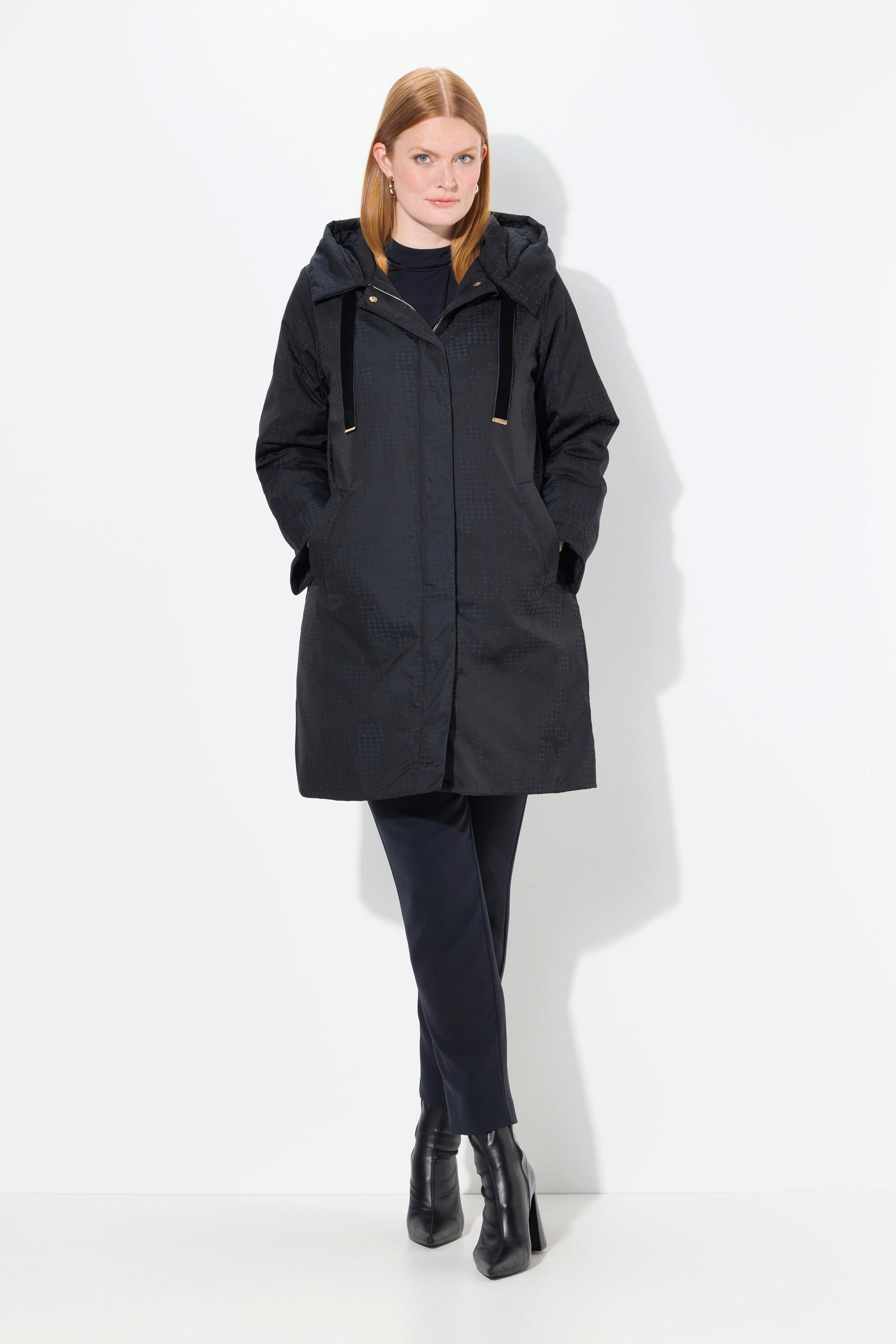 Ulla Popken Cappotto trapuntato pied-de-poule cappuccio zip a cursore doppio  