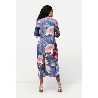 Ulla Popken  Robe midi à fleurs, effet cache-cœur, décolleté en V et manches 3/4 