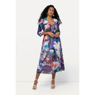 Ulla Popken Robe Midi Fleurs Effet Cache-cœur Décolleté V Manches 3/4  
