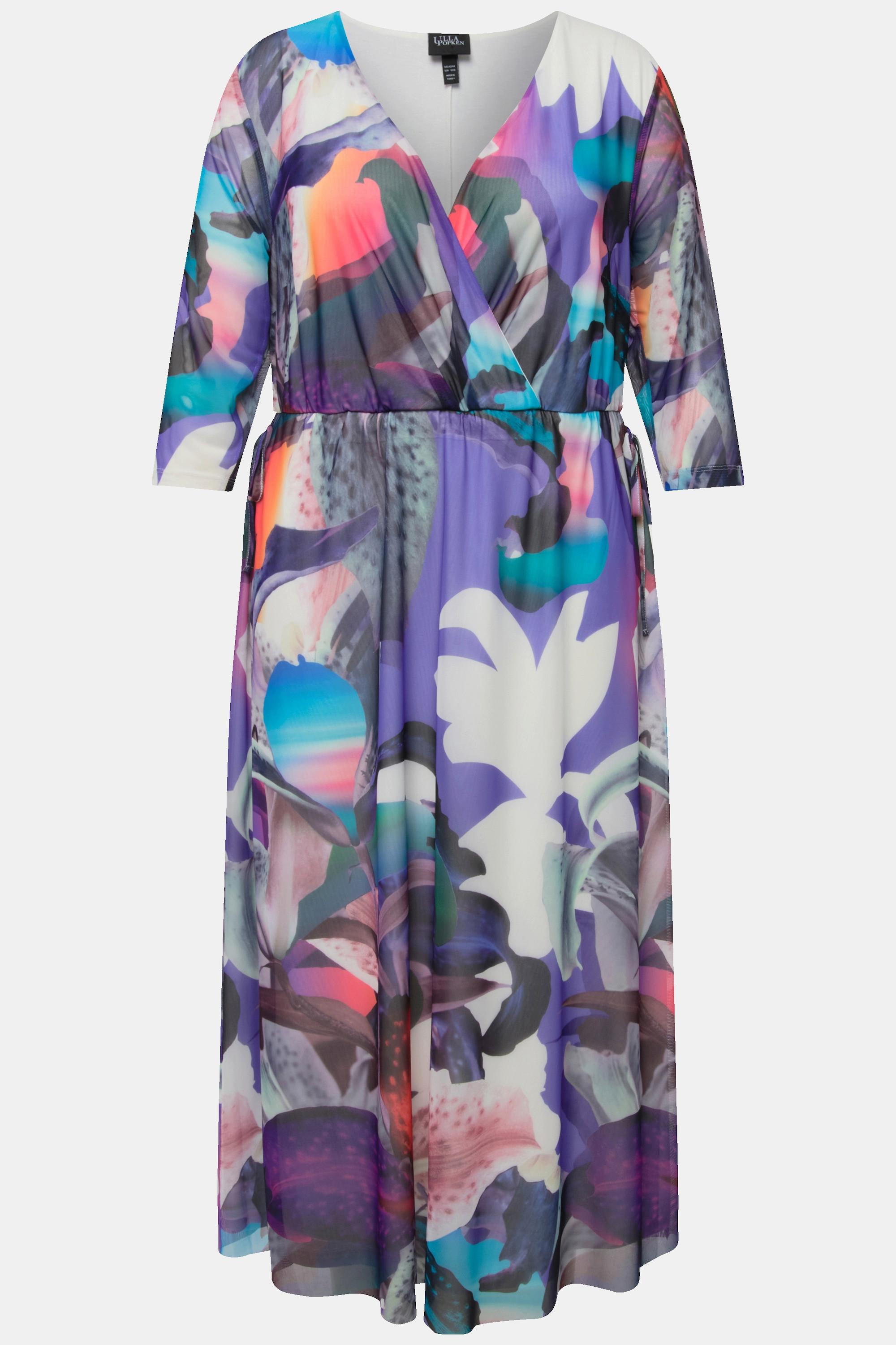 Ulla Popken Robe Midi Fleurs Effet Cache-cœur Décolleté V Manches 3/4  