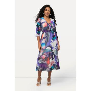 Robe midi à fleurs, effet cache-cœur, décolleté en V et manches 3/4