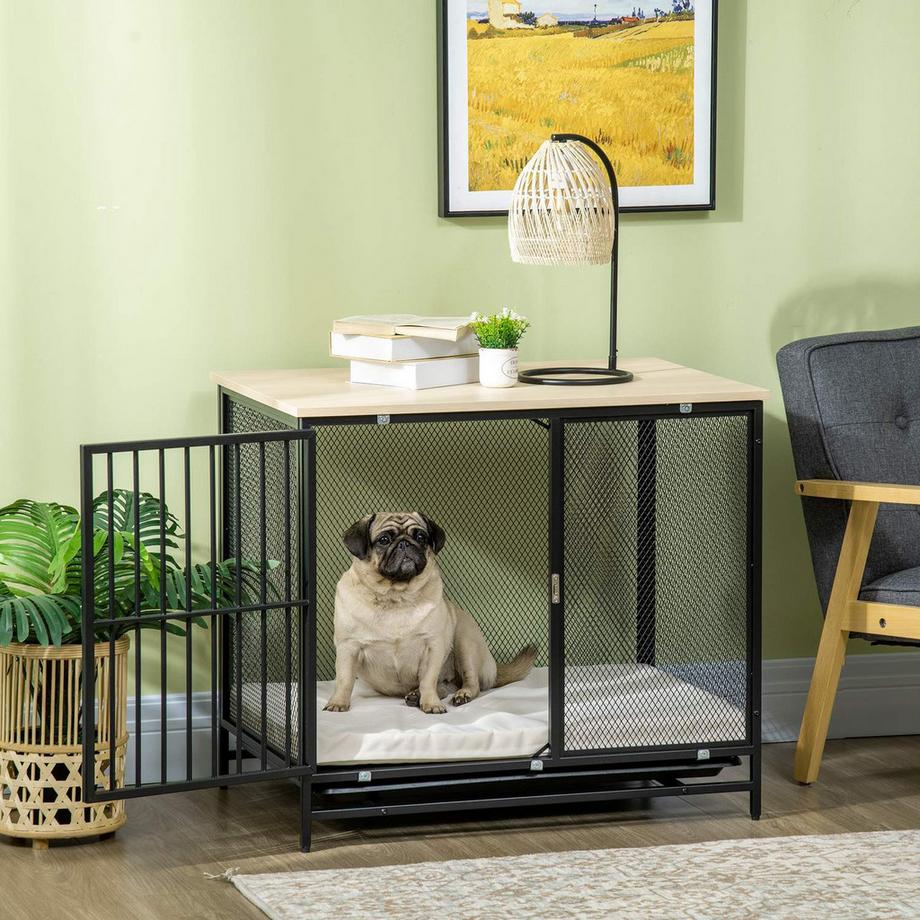 Northio  Cage pour chien, niche pour chien avec plateau de table, niche pour chien avec coussin, plateau de sol coulissant, niche pour chien, chêne + noir, 80 x 55 x 71 cm 
