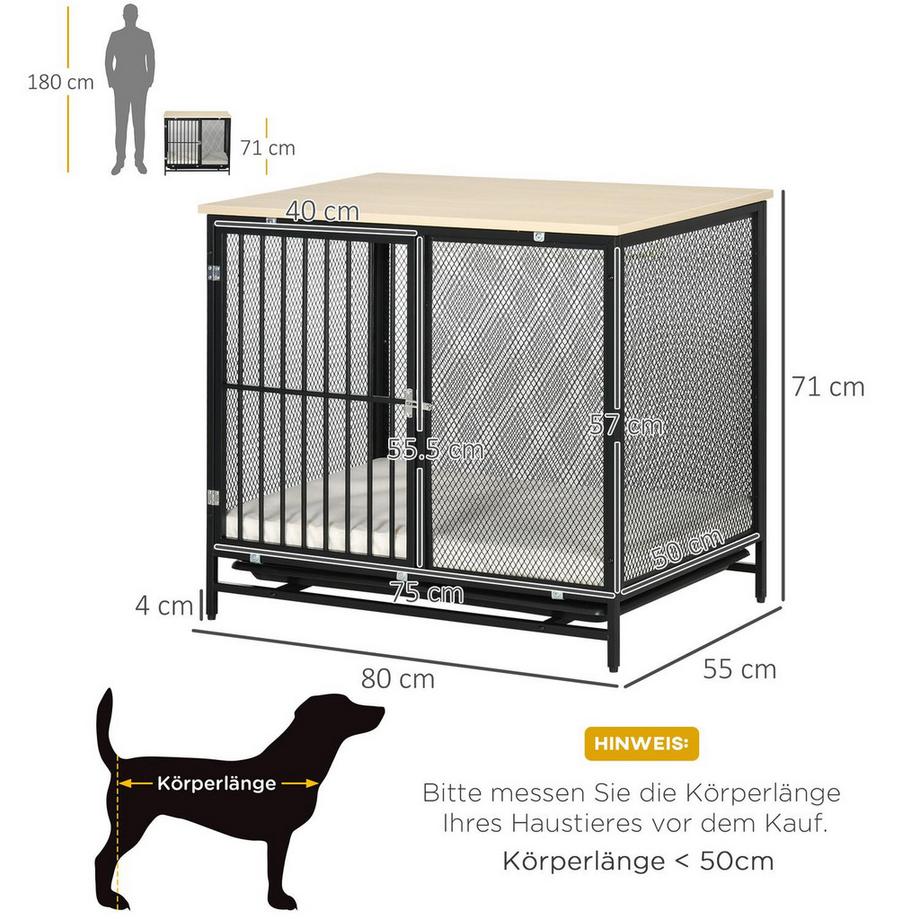 Northio  Cage pour chien, niche pour chien avec plateau de table, niche pour chien avec coussin, plateau de sol coulissant, niche pour chien, chêne + noir, 80 x 55 x 71 cm 