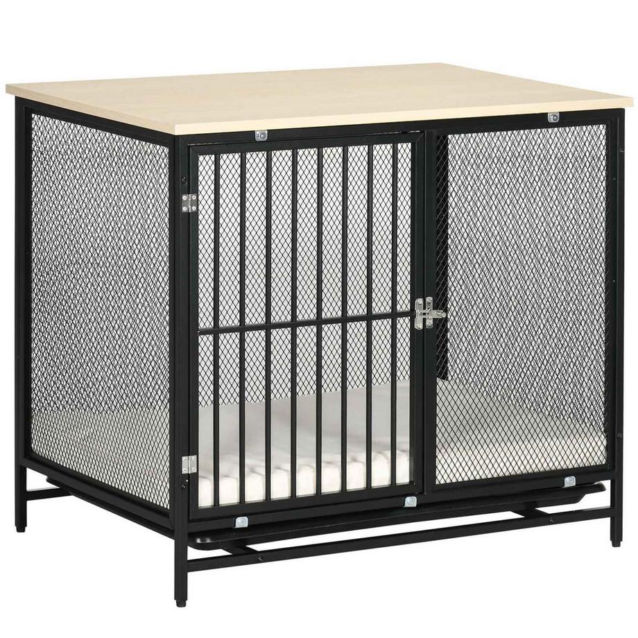 Northio  Cage pour chien, niche pour chien avec plateau de table, niche pour chien avec coussin, plateau de sol coulissant, niche pour chien, chêne + noir, 80 x 55 x 71 cm 