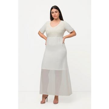 Robe de mariage, broderie en perles, col en V, manches mi-longues