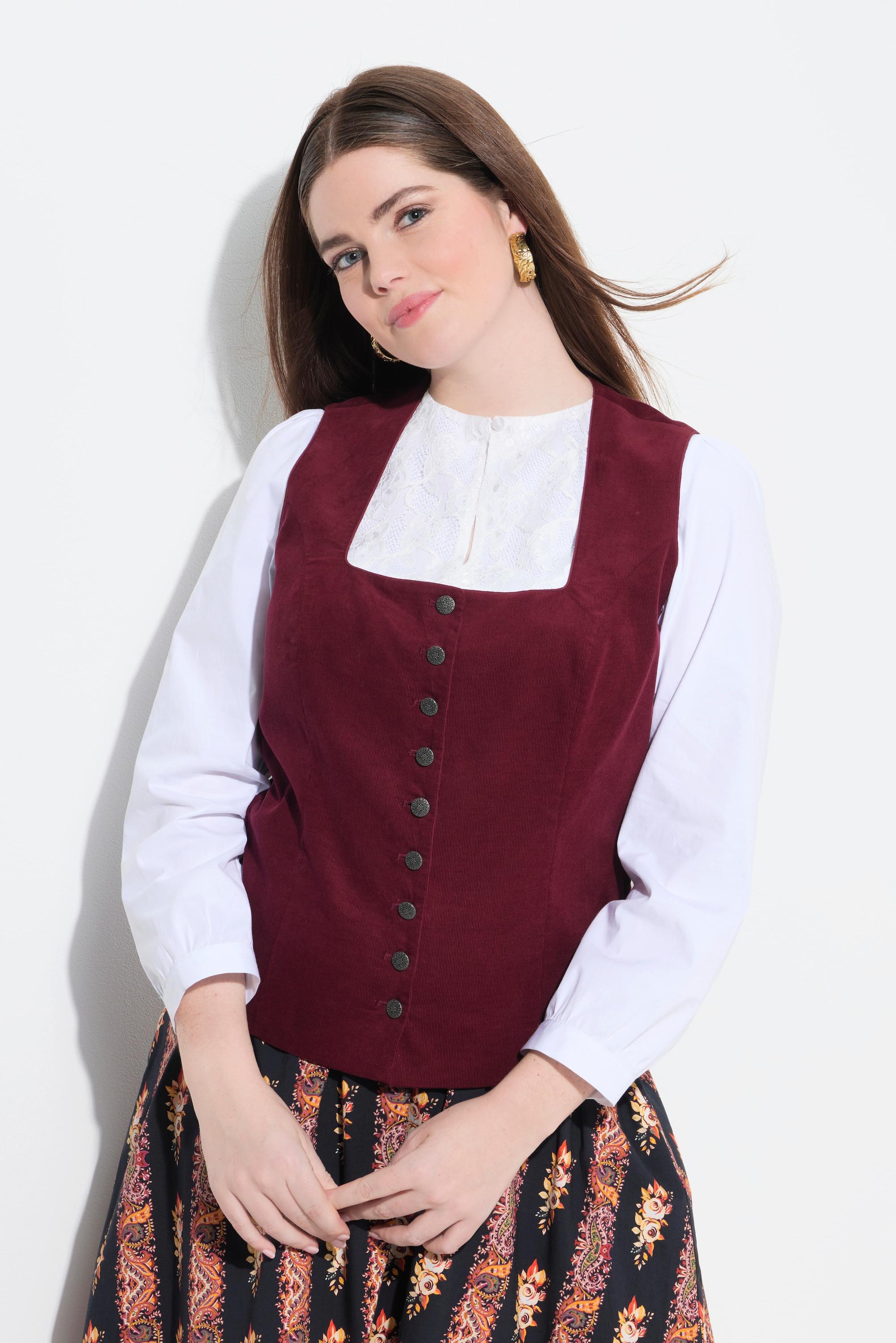 Ulla Popken Camicetta Dirndl Pizzo Scollo Rotondo Maniche Lunghe Orlo Elastico  