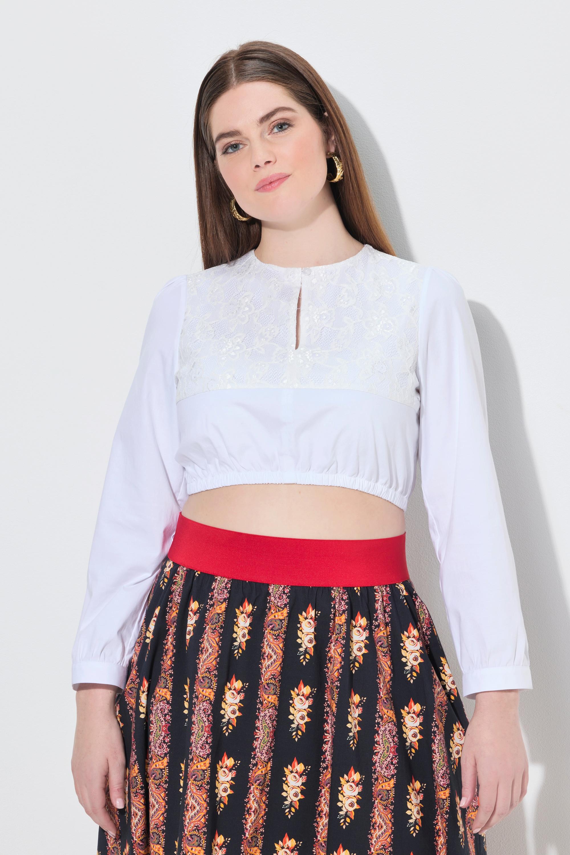 Ulla Popken Camicetta Dirndl Pizzo Scollo Rotondo Maniche Lunghe Orlo Elastico  