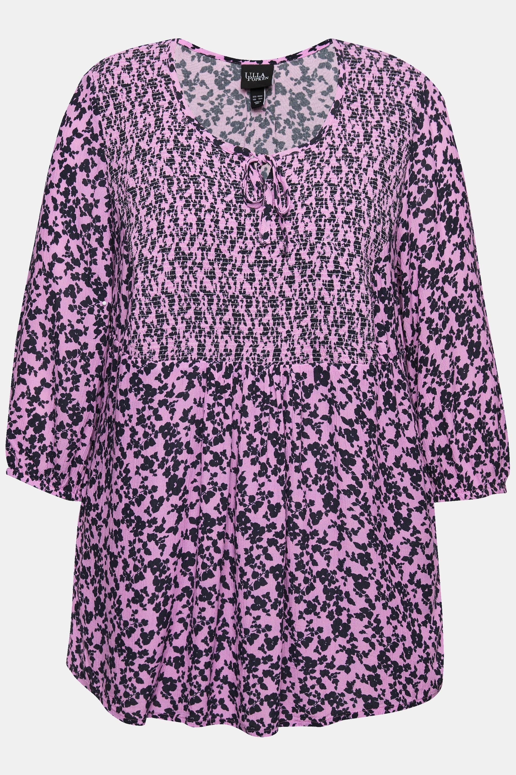 Ulla Popken  Smokbluse, Blüten, A-Linie, Rundhals, 3/4-Arm 