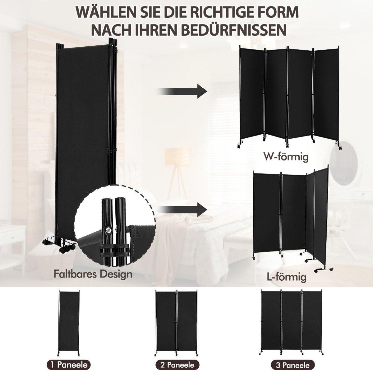 Northio Raumteiler mit 4 Paneelen auf Rädern 173 cm Hoher Rollbarer Sichtschutz Schwarz  
