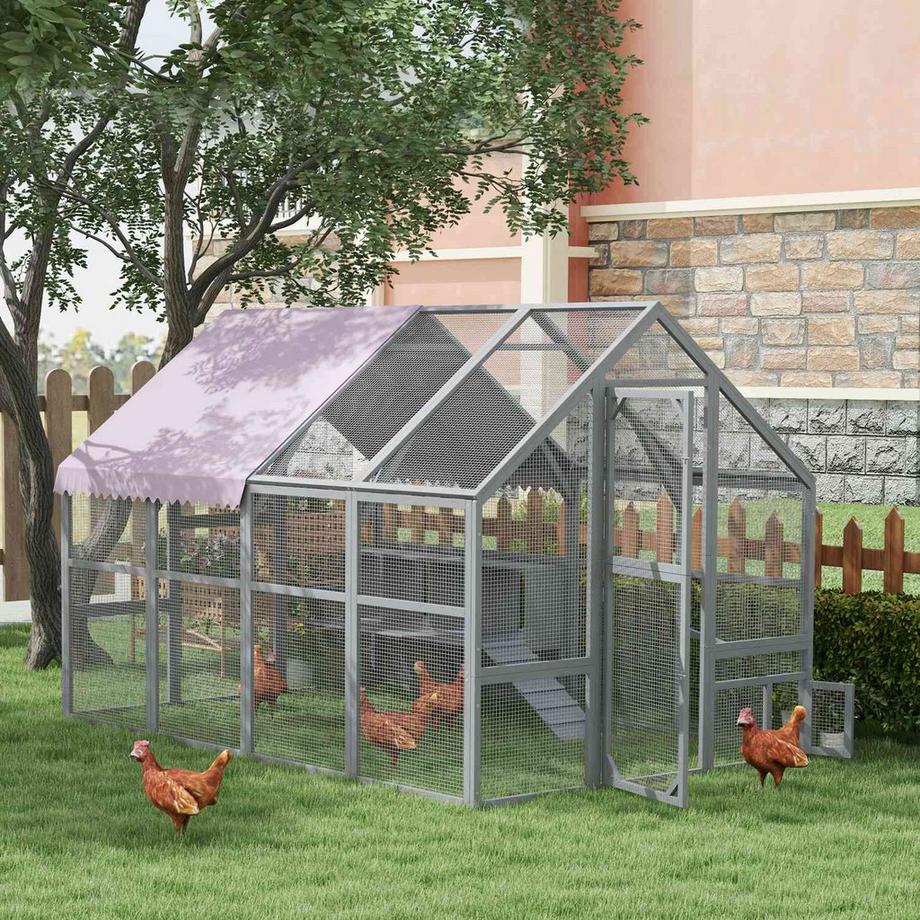 Northio  Poulailler En Bois, Enclos Extérieur, 280 X 185,5 X 188 Cm, Cage À Poules Avec Porte, Nichoir, Toit, Rampe, Enclos Extérieur Pour 8 À 12 Poules, Gris 
