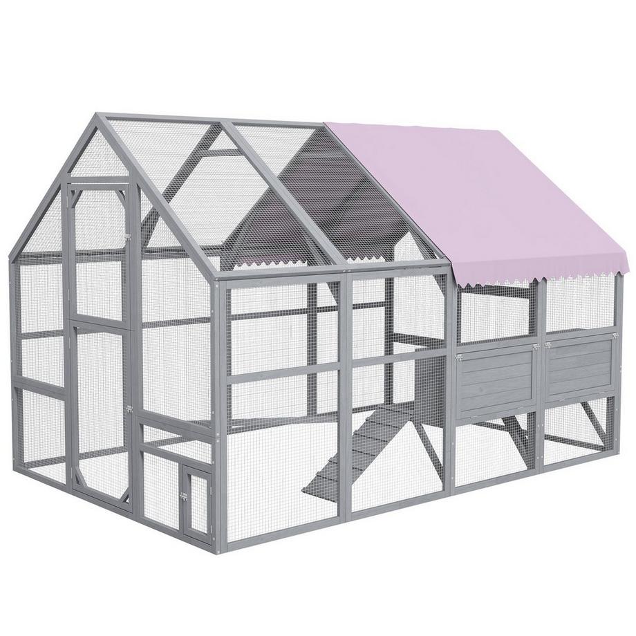 Northio  Poulailler En Bois, Enclos Extérieur, 280 X 185,5 X 188 Cm, Cage À Poules Avec Porte, Nichoir, Toit, Rampe, Enclos Extérieur Pour 8 À 12 Poules, Gris 