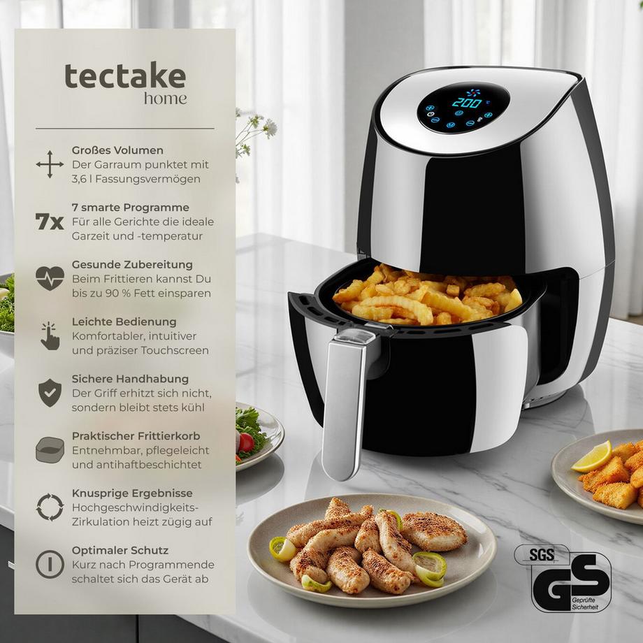Tectake Heißluftfritteuse Mitch 3,6 l LED-Touchscreen mit 7 Programmen  