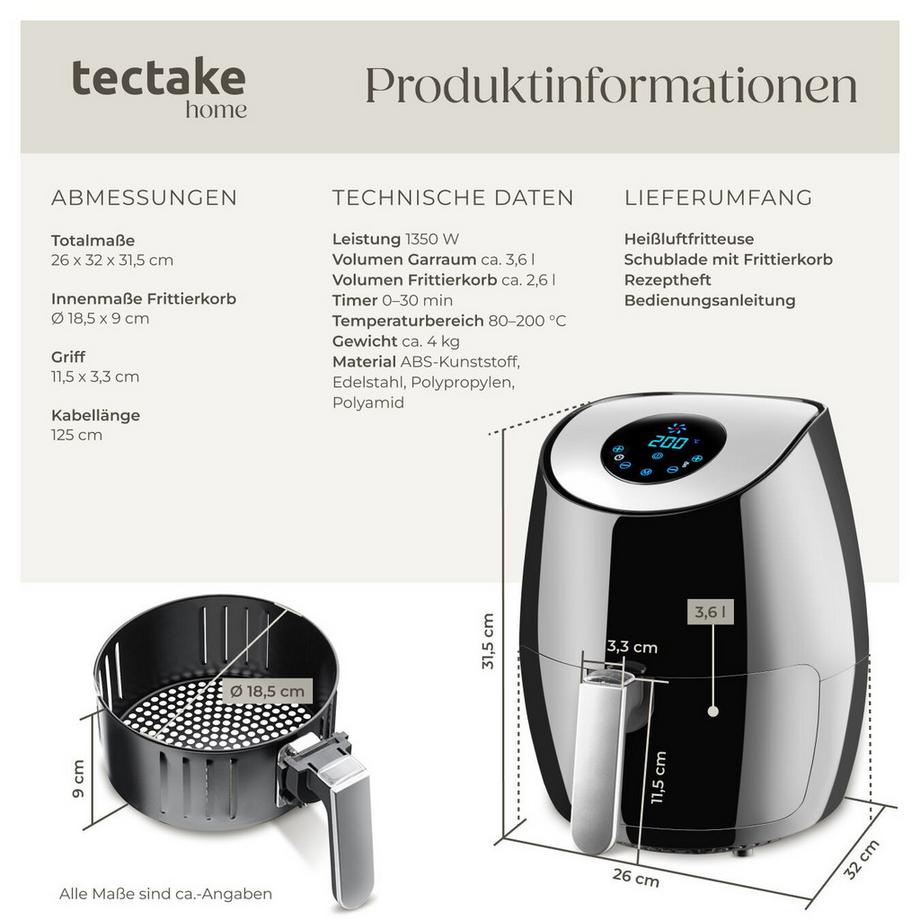 Tectake Heißluftfritteuse Mitch 3,6 l LED-Touchscreen mit 7 Programmen  