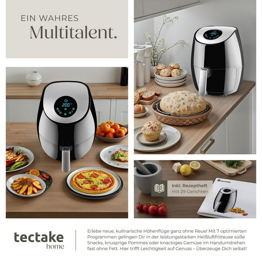 Tectake Heißluftfritteuse Mitch 3,6 l LED-Touchscreen mit 7 Programmen  