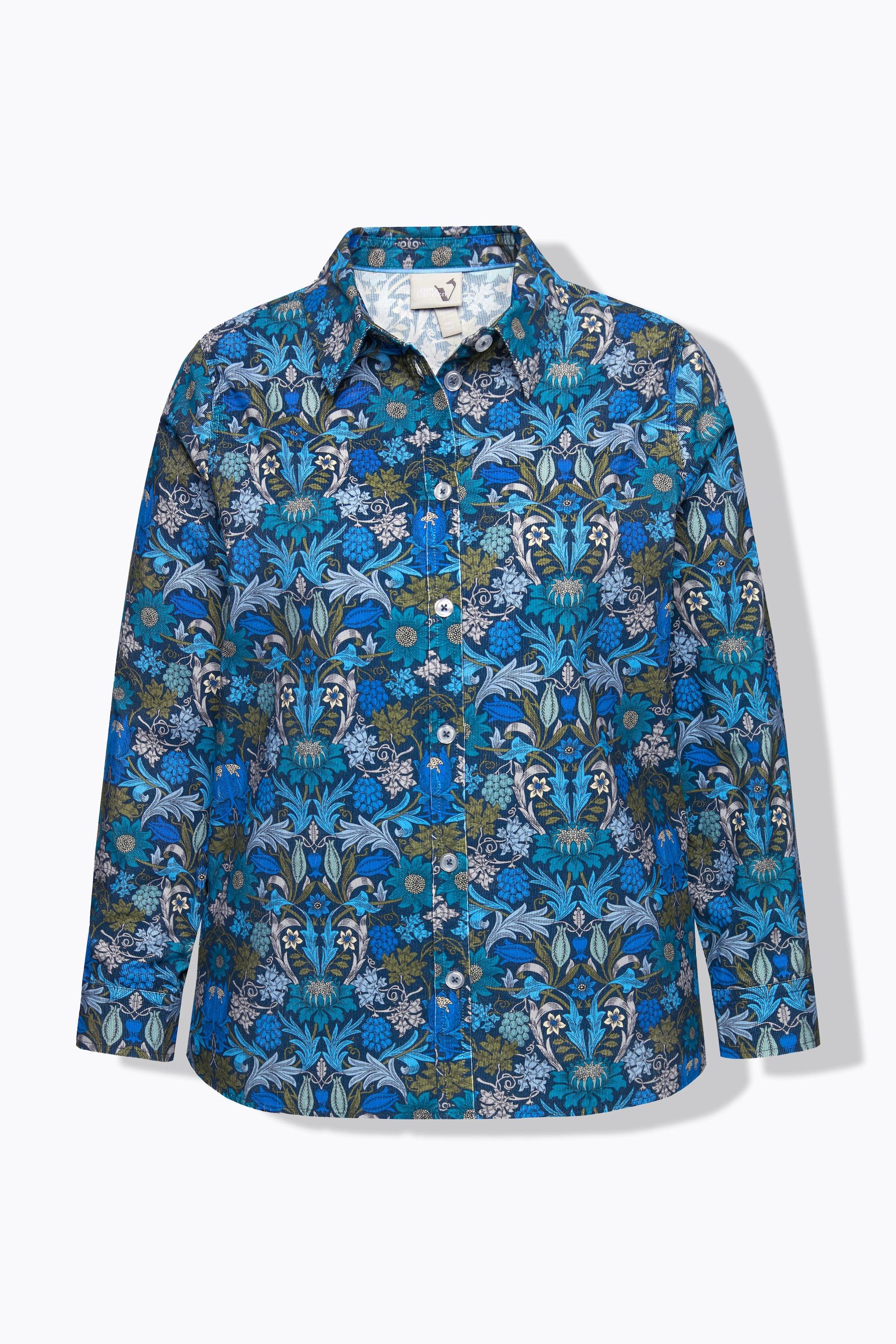 Ulla Popken Blusa Velluto a Coste Stampa Floreale Collo Camicia Maniche Lunghe  