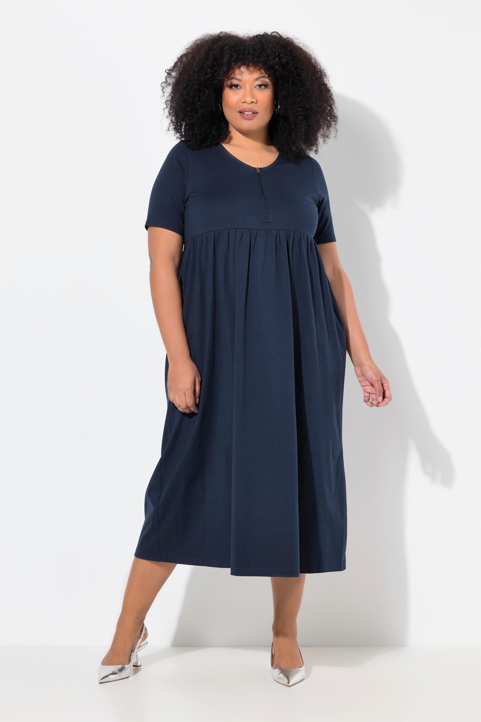 Ulla Popken  Robe maxi à manches courtes, décolleté en V avec fermeture zippée, coupe évasée 