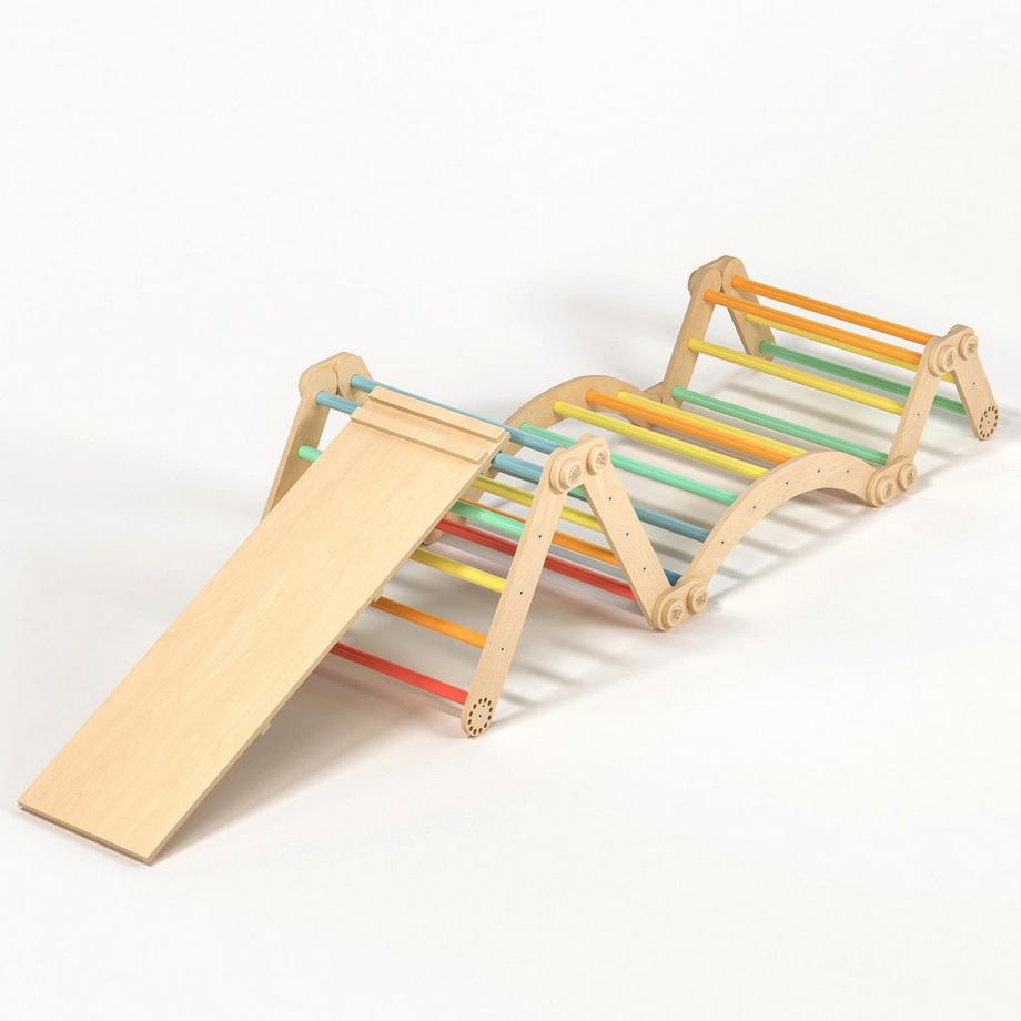 Montessori  Maxi-Klettergerüst für Kinder (Set XL mit Rutsche) Regenbogenfarben 