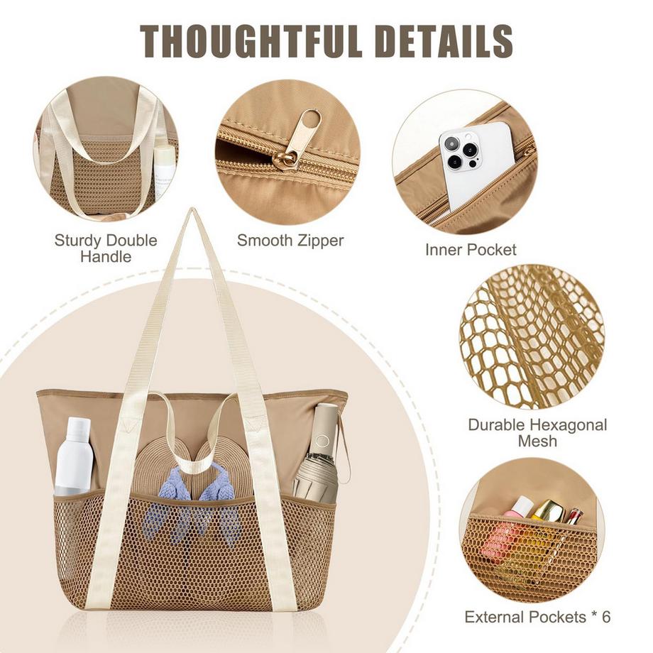 Only-bags.store Wasserdichte Strandtasche mit Netz Tasche und Reissverschluss  