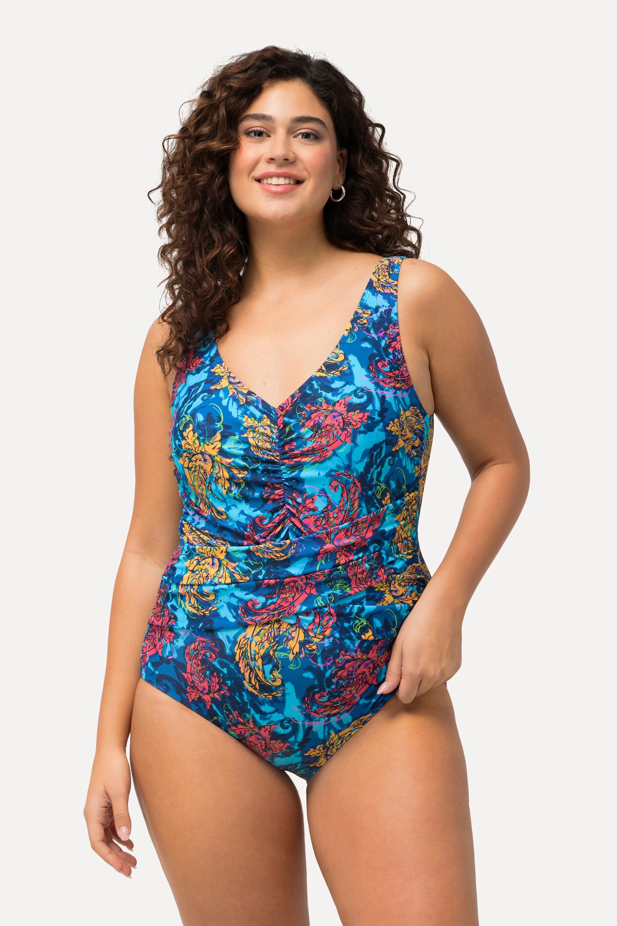 Ulla Popken  Maillot de bain avec bonnets souples. Matière recyclée. Décolleté en V et fronces. 