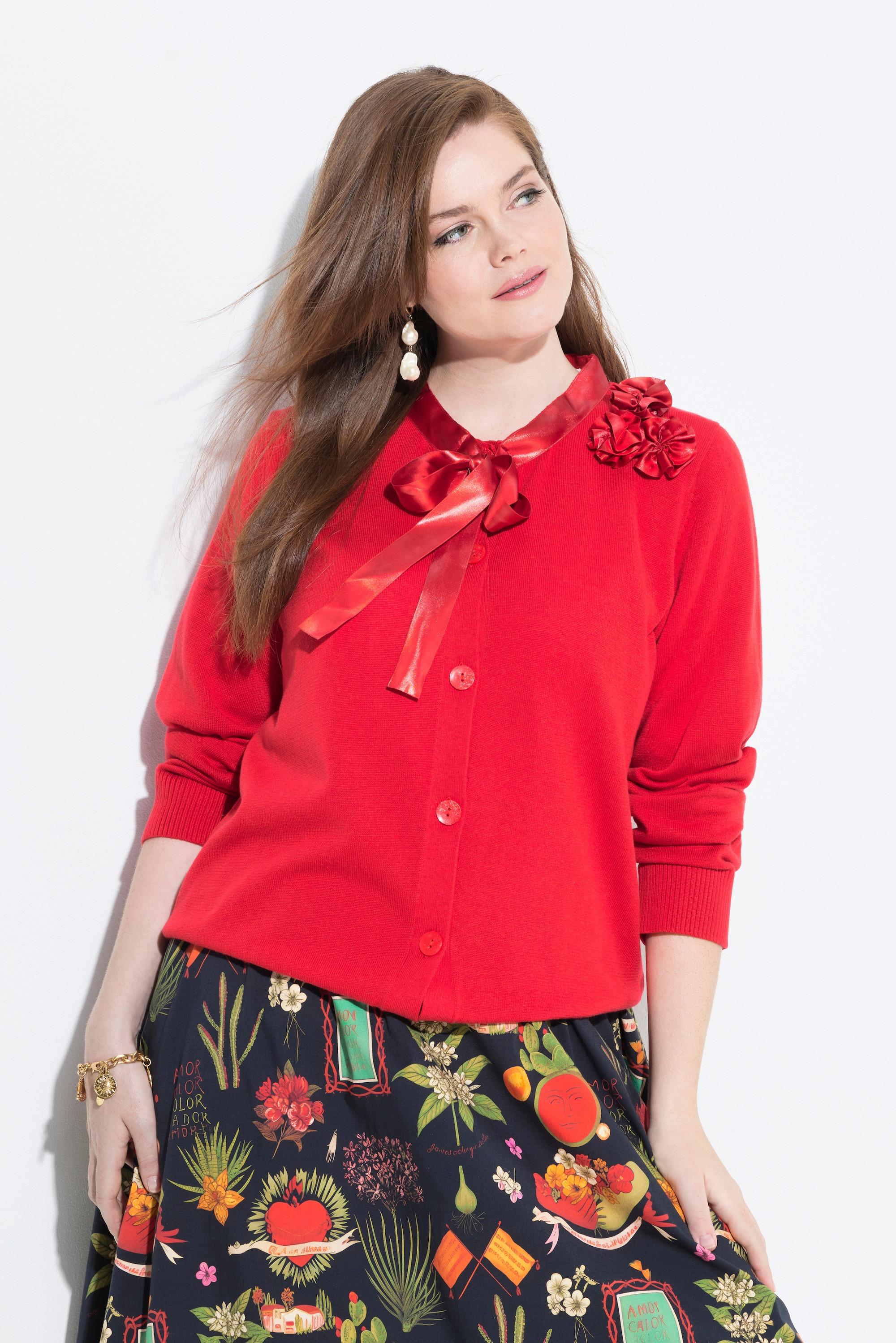 Ulla Popken Cardigan Fleurs en Satin Col Rond Manches Longues  