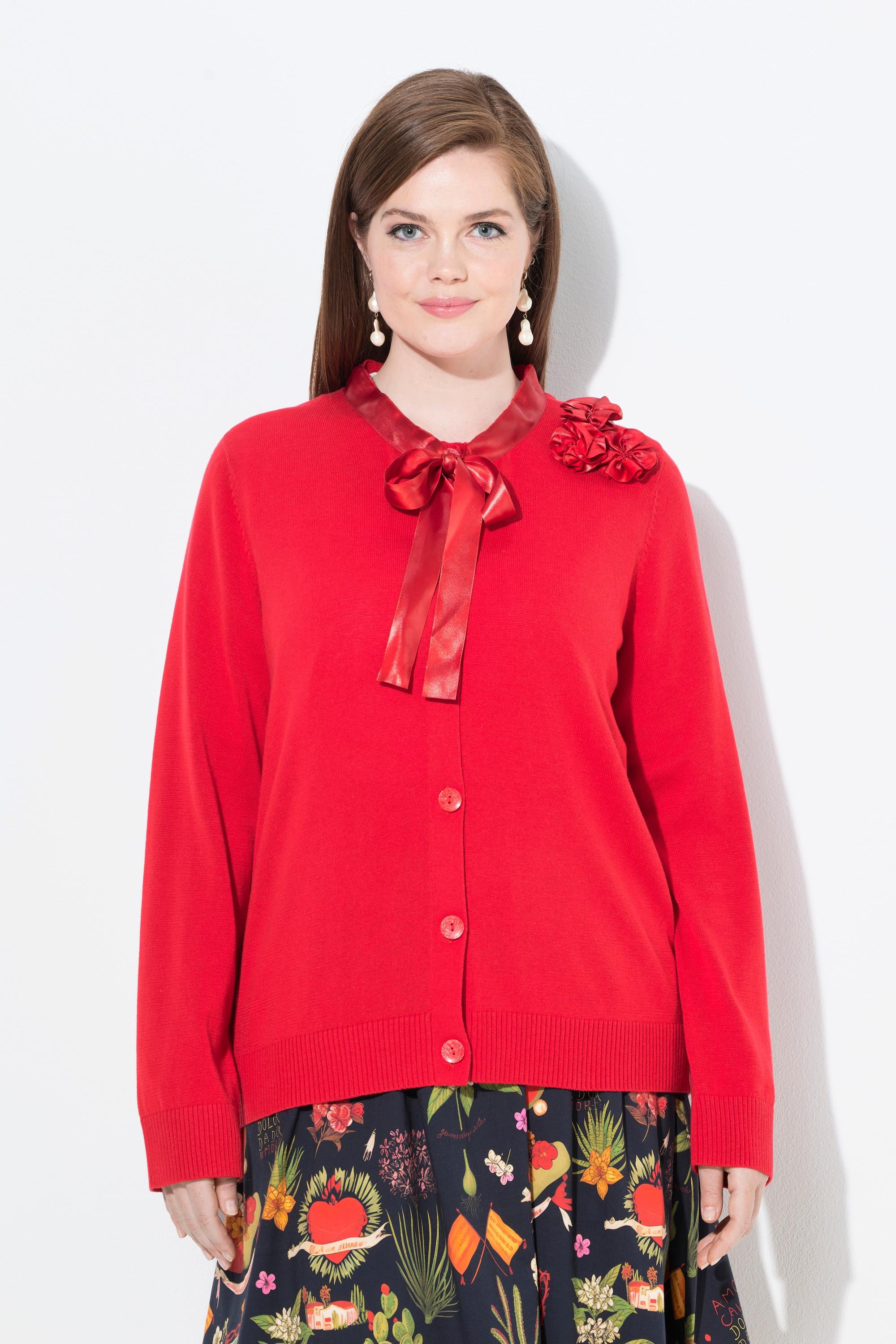 Ulla Popken Cardigan Fleurs en Satin Col Rond Manches Longues  