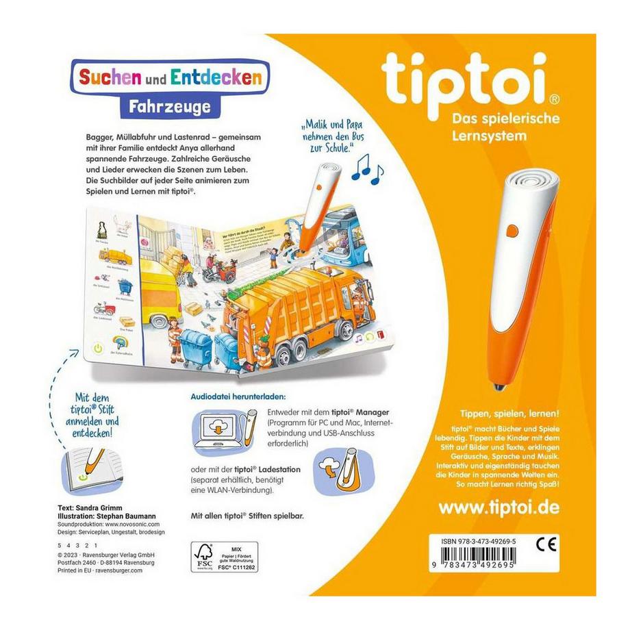 tiptoi Suchen und Entdecken: Fahrzeuge Grimm, Sandra; Baumann, Stephan (Illustrationen) Copertina rigida 