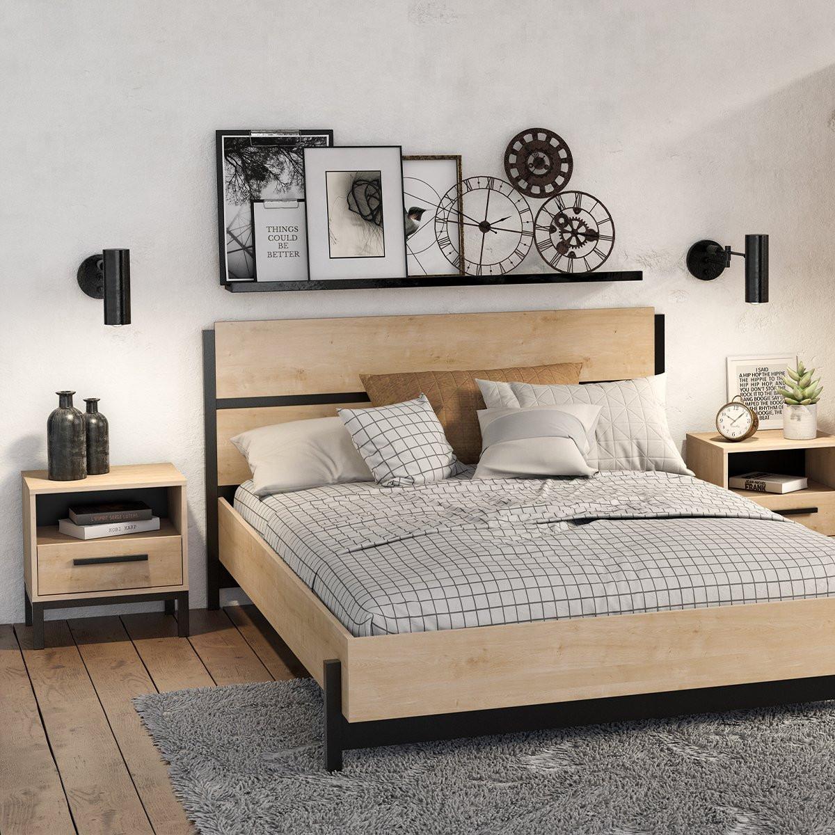 Calicosy Nachttisch mit 1 Schublade und 1 Nische, Dekor Eiche und Mattschwarz Craft - L44,6 cm  