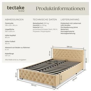 Tectake Polsterbett Sedona in Samtoptik mit Steppmuster indirekte LED-Beleuchtung an den Seiten  