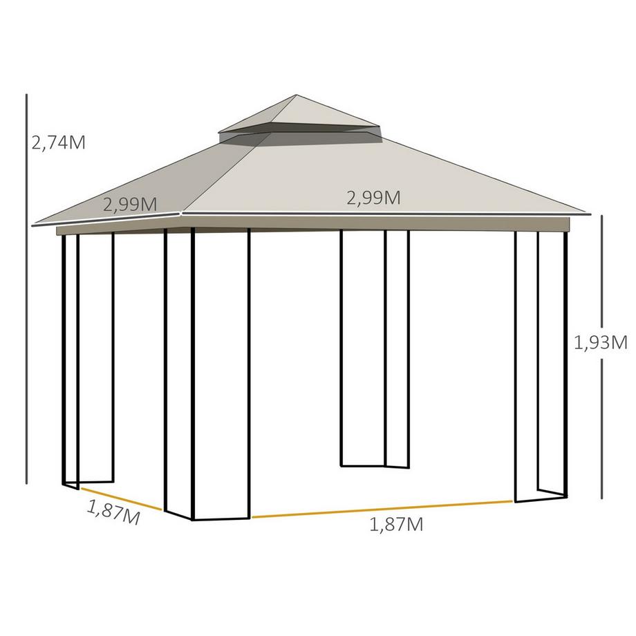 Northio Gazebo Da Giardino Con Doppio Tetto Gazebo Da Giardino Tendone Per Feste Con 4 Pareti Laterali In Metallo + Poliestere Beige 2,99 X 2,99 X 2,74 M  