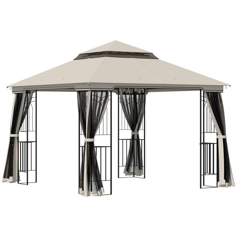 Gazebo Da Giardino Con Doppio Tetto Gazebo Da Giardino Tendone Per Feste Con 4 Pareti Laterali In Metallo + Poliestere Beige 2,99 X 2,99 X 2,74 M