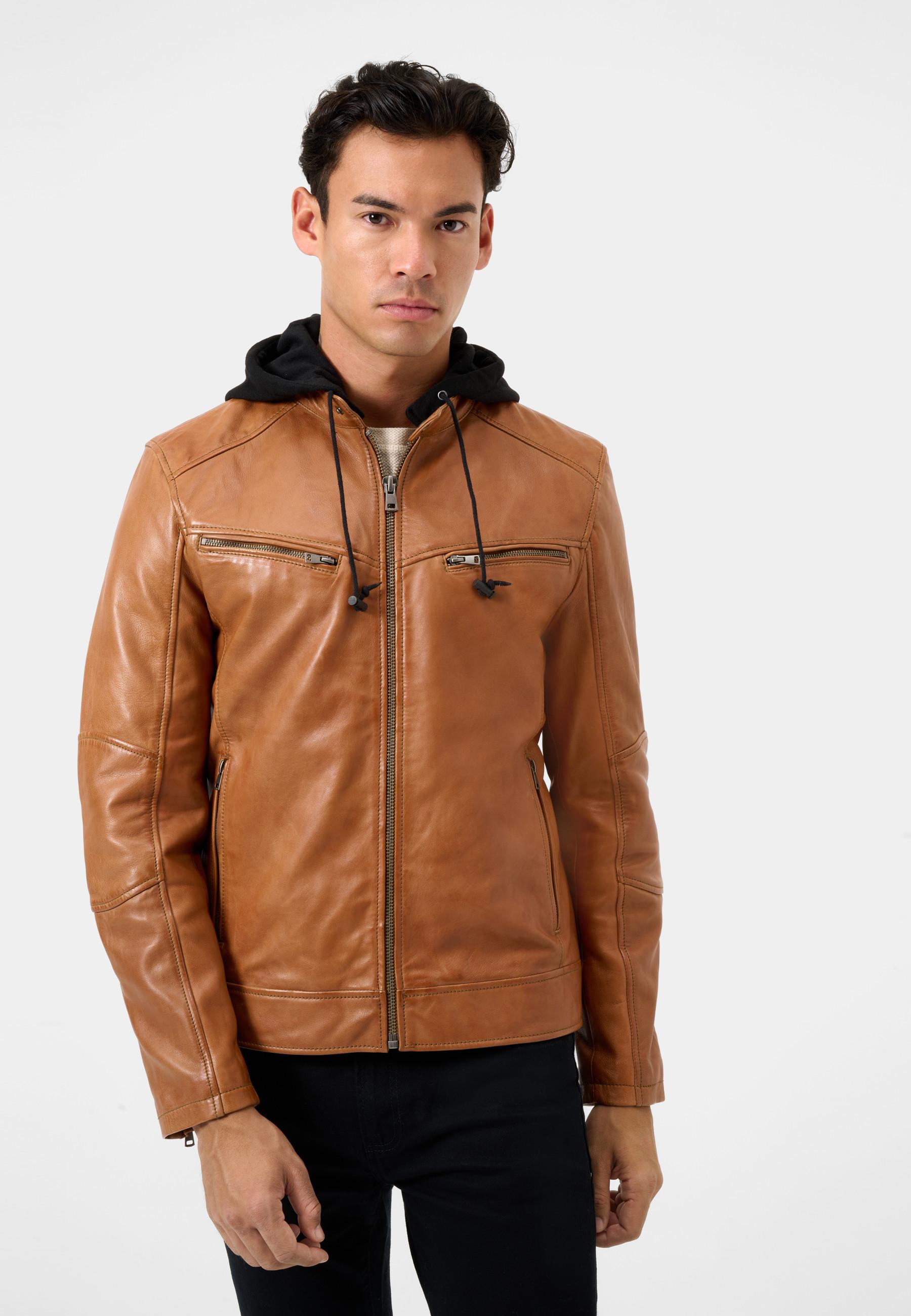 RICANO  Veste en cuir pour homme Fabio avec capuche amovible et col montant 