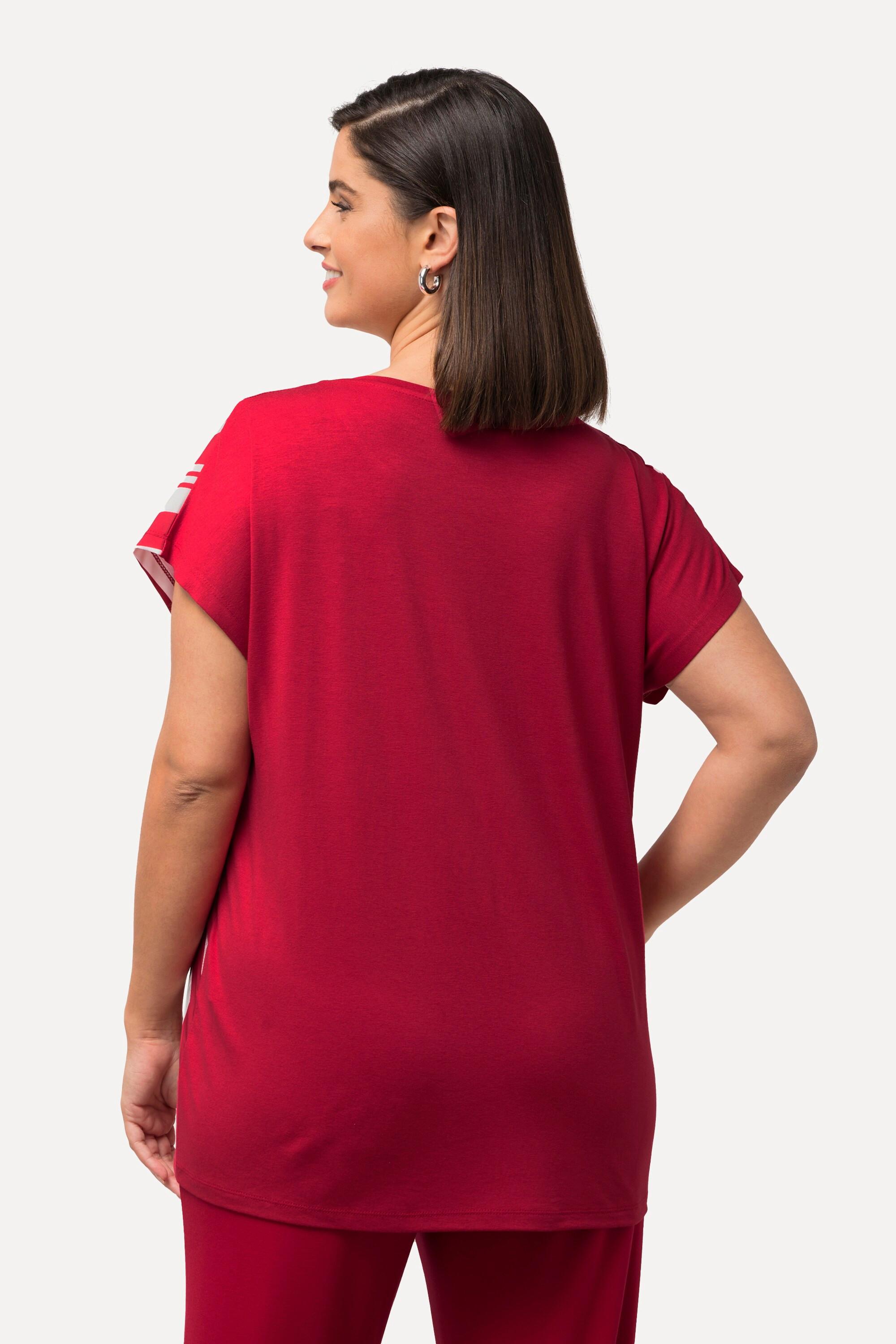 Ulla Popken  T-shirt dal taglio oversize con mix di righe, scollo a girocollo e mezze maniche 