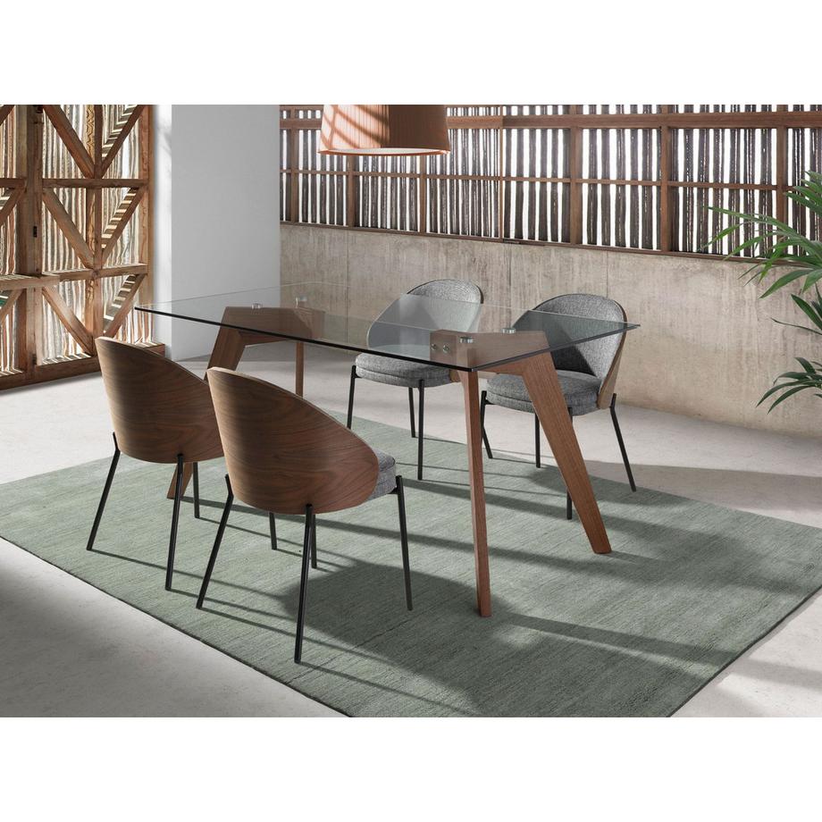 ANGEL CERDA Table à manger rectangulaire verre trempé et noyer  