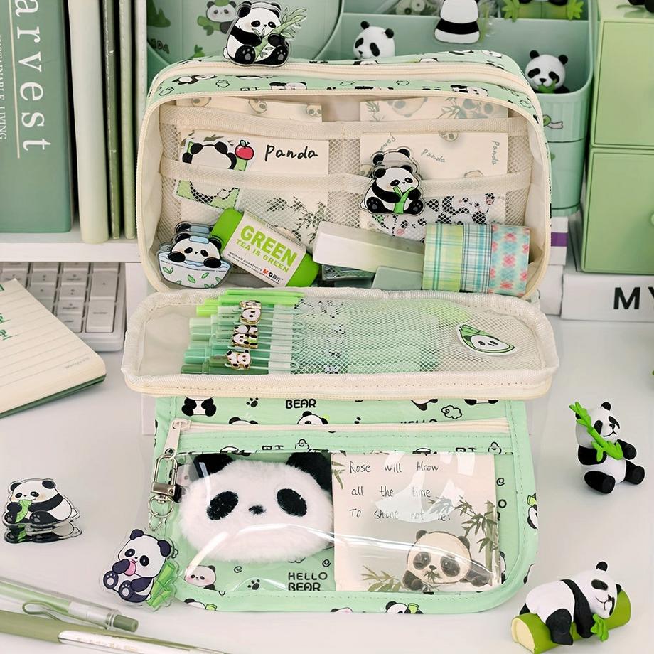 Only-bags.store  Geräumiges Federmäppchen mit Panda-Motiv - strapazierfähiges Oxford-Gewebe, mehrlagiger Organizer für Stifte, Bleistifte, Lineale 