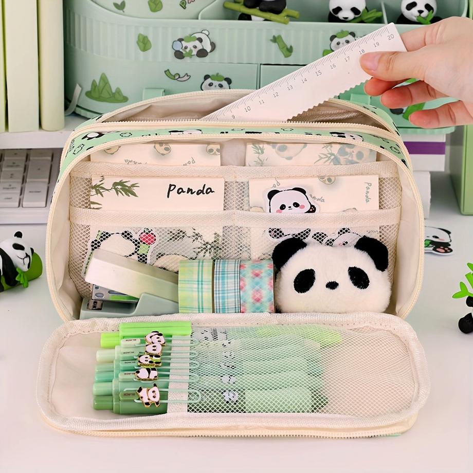 Only-bags.store  Geräumiges Federmäppchen mit Panda-Motiv - strapazierfähiges Oxford-Gewebe, mehrlagiger Organizer für Stifte, Bleistifte, Lineale 