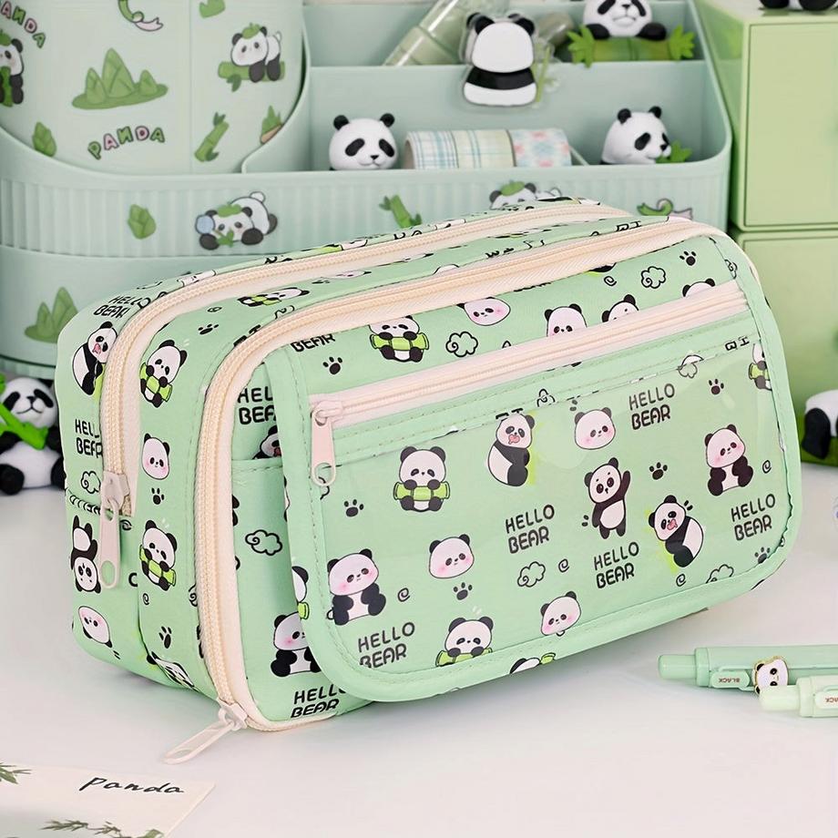 Only-bags.store  Geräumiges Federmäppchen mit Panda-Motiv - strapazierfähiges Oxford-Gewebe, mehrlagiger Organizer für Stifte, Bleistifte, Lineale 