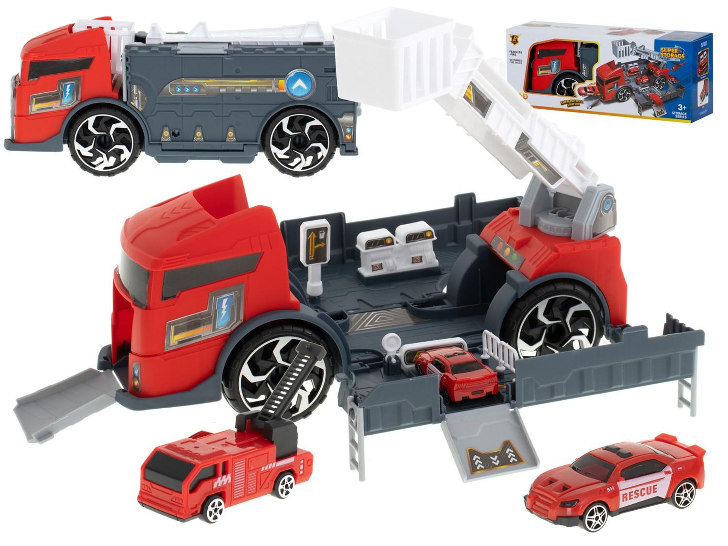 Pricenet  Camion trasportatore TIR 2in1 garage vigili del fuoco + 3 auto rosso 