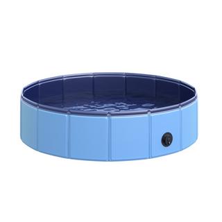 PawHut  Piscina Per Cani, Robusta Piscina Per Cani, Piscina In Pvc + Legno, Blu, Ø80Xh20 Cm, Divertimento Estivo 