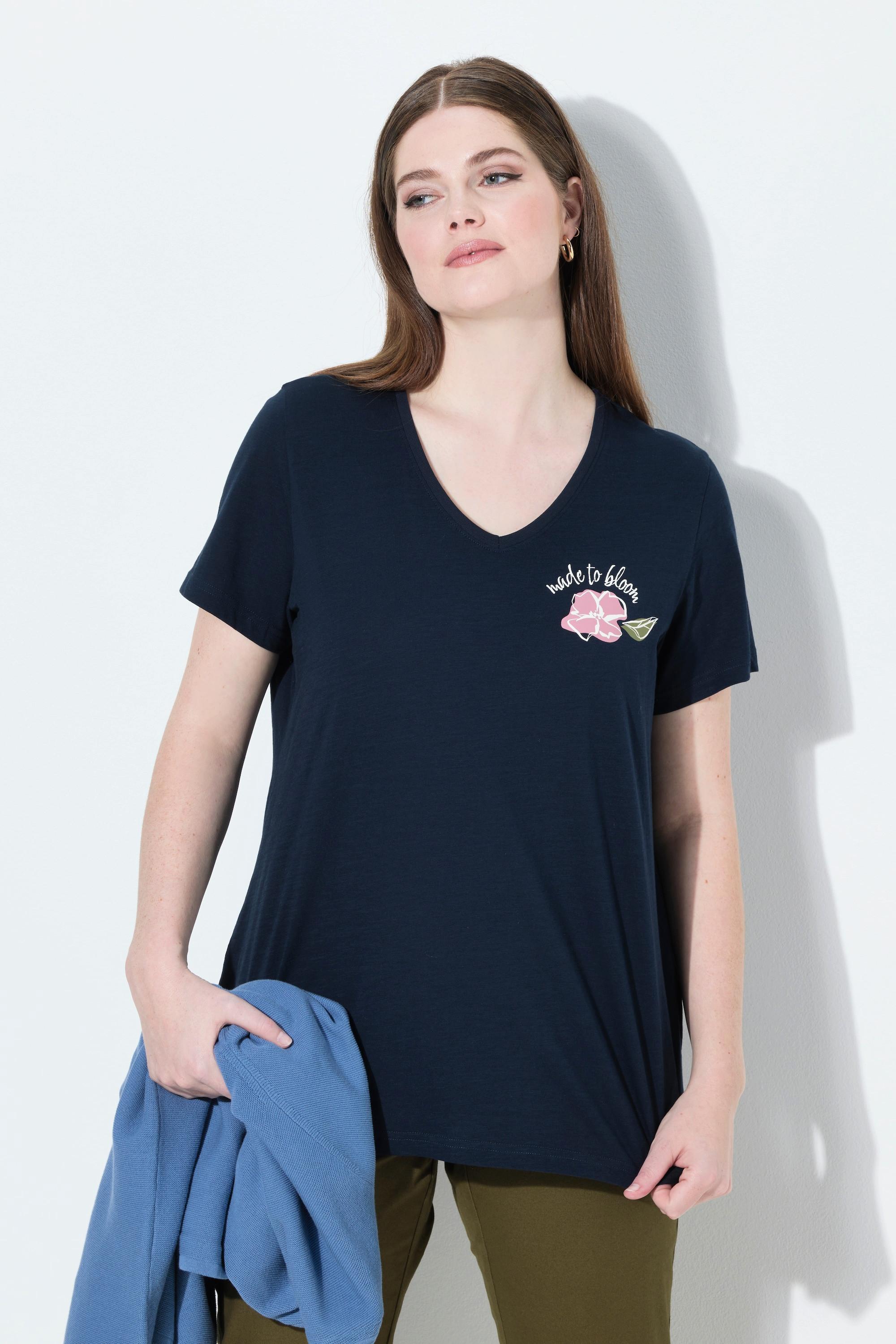 Ulla Popken T-shirt Motif Floral Décolleté en V Manches Courtes  