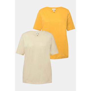 Ulla Popken  T-Shirts, 2er-Pack, V-Ausschnitt, Halbarm, Biobaumwolle 