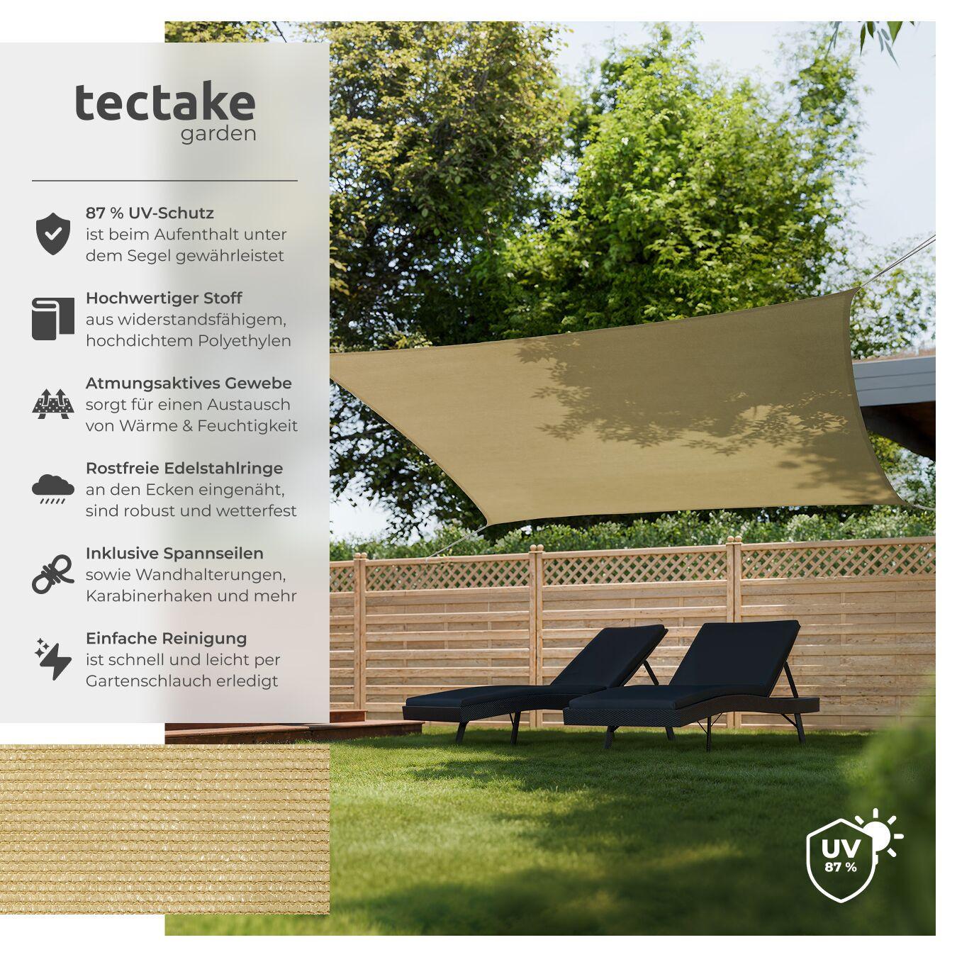Tectake Sonnensegel Sunny verschiedene Größen, HDPE mit 185 g/m² und 87 % UV-Schutz wasserabweisend, atmungsaktiv und reißfest  