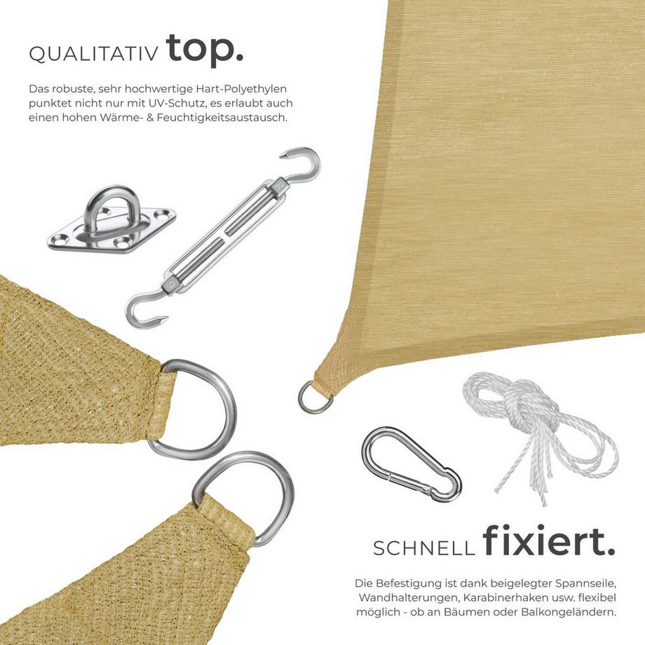 Tectake Sonnensegel Sunny verschiedene Größen, HDPE mit 185 g/m² und 87 % UV-Schutz wasserabweisend, atmungsaktiv und reißfest  