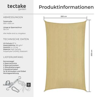 Tectake Sonnensegel Sunny verschiedene Größen, HDPE mit 185 g/m² und 87 % UV-Schutz wasserabweisend, atmungsaktiv und reißfest  